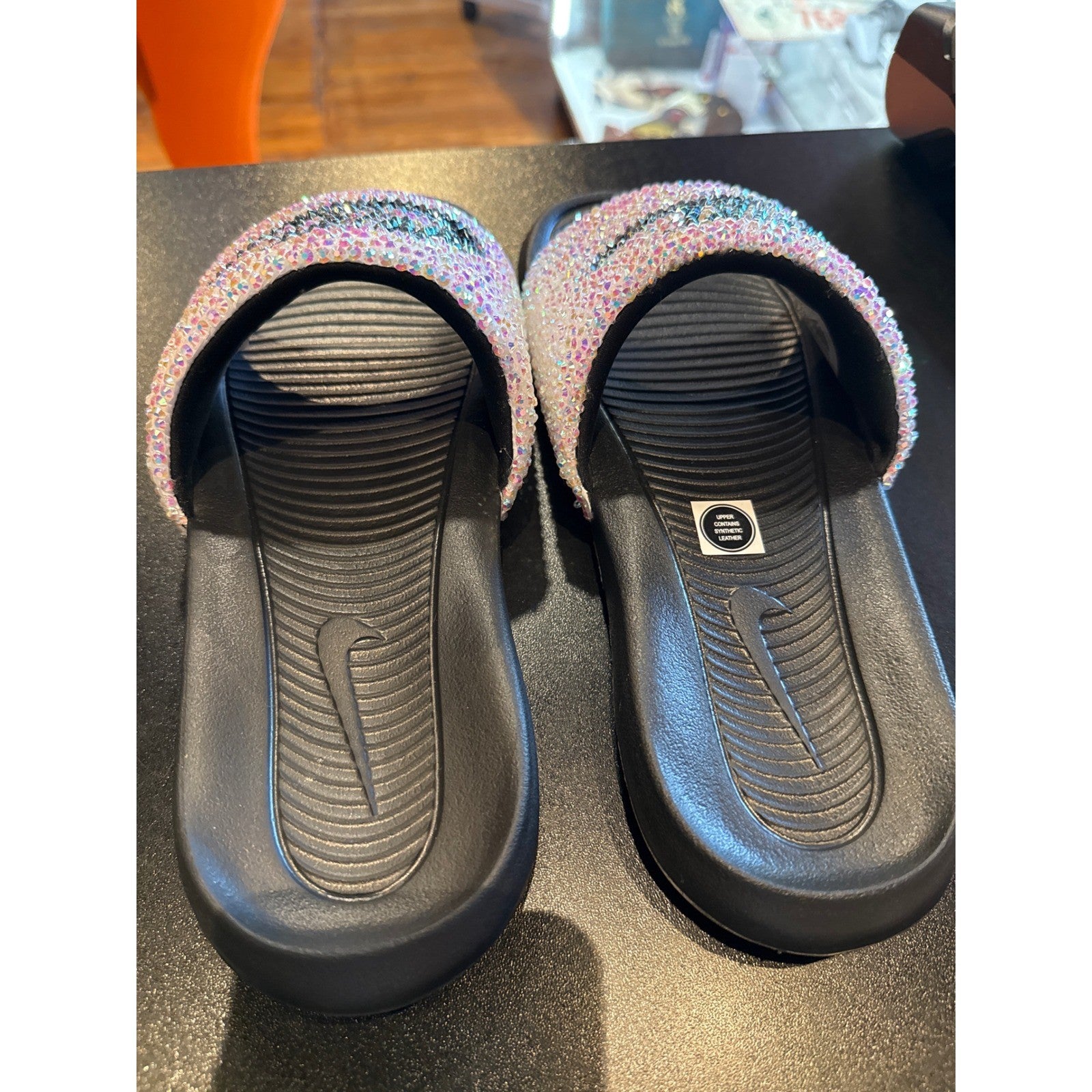 Nike Kawa Custom Rhinestone Slides Black Iridescent Bling Sandals Mens Womens