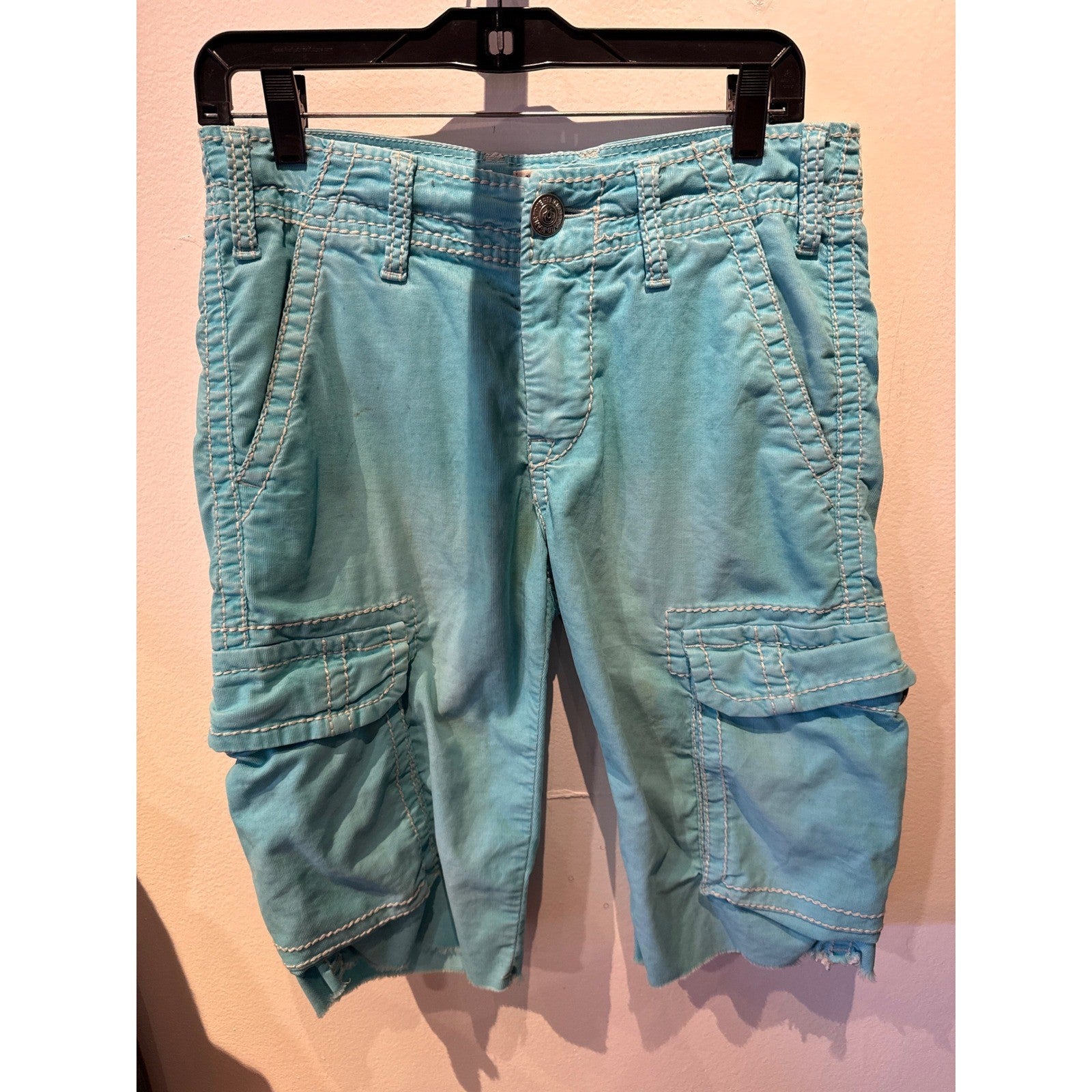 True Religion Ricky Super T Turquoise Blue Cargo Shorts Mens 30 Contrast Stitch