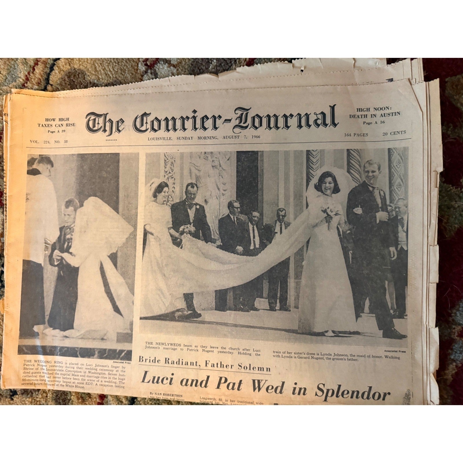 Vintage 1966 The Courier-Journal Newspaper Luci Johnson Wedding Austin Shooting