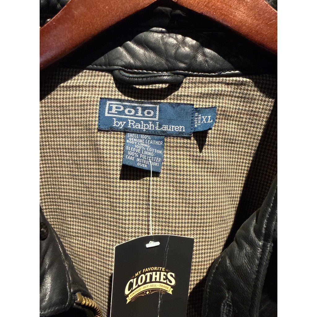 Polo Ralph Lauren Black Leather Bomber Jacket Waffle Knit Lined Mens XL 26x29