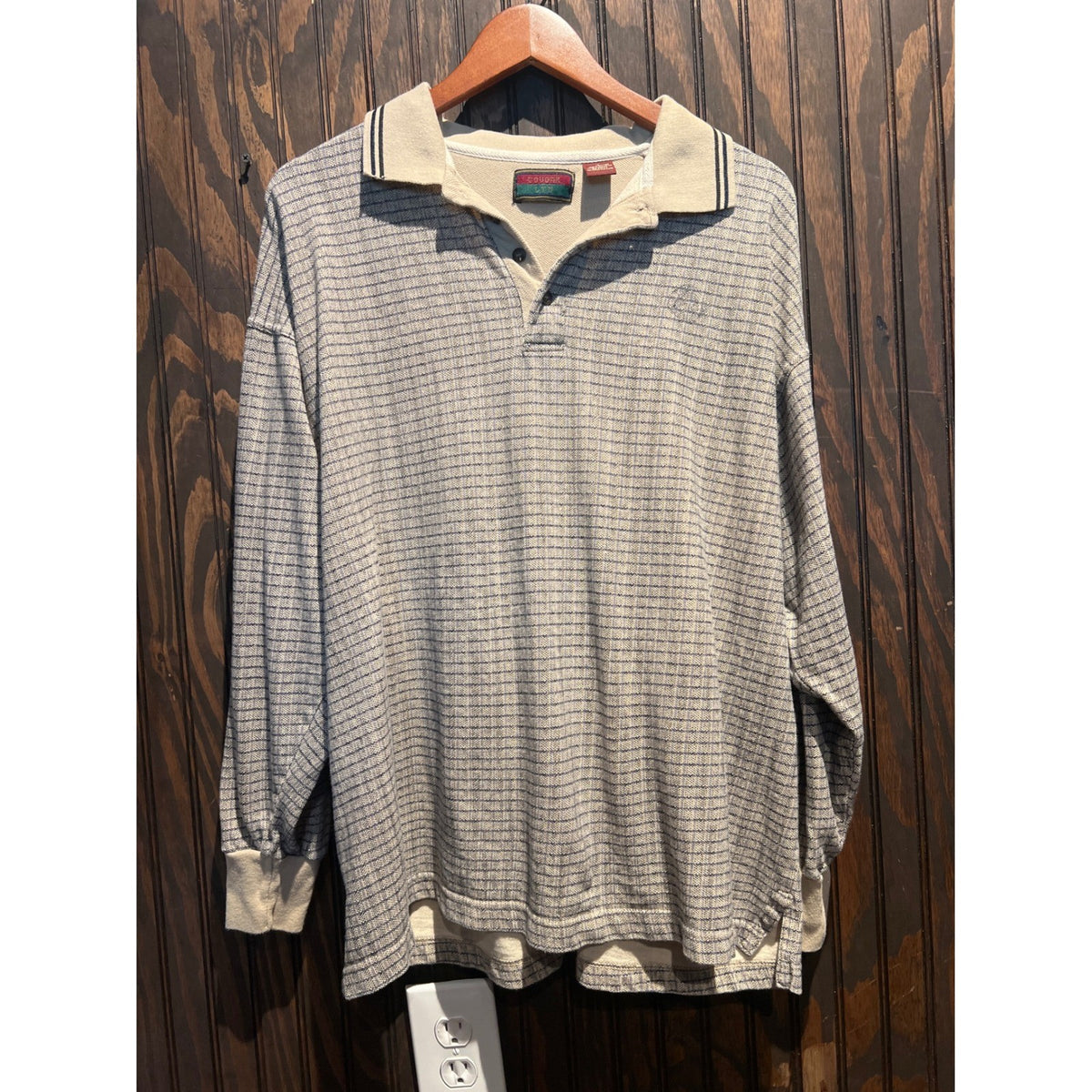 Vintage Cougar Sport Mens XL Long Sleeve Polo Shirt Gray Cream Textured Grid