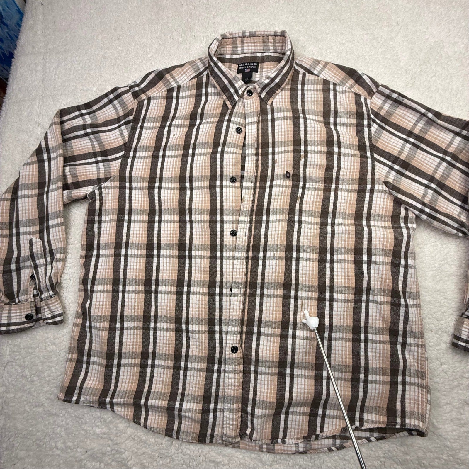Polo Jeans Co Ralph Lauren Plaid Flannel Shirt Mens XL Brown Tan Button Down