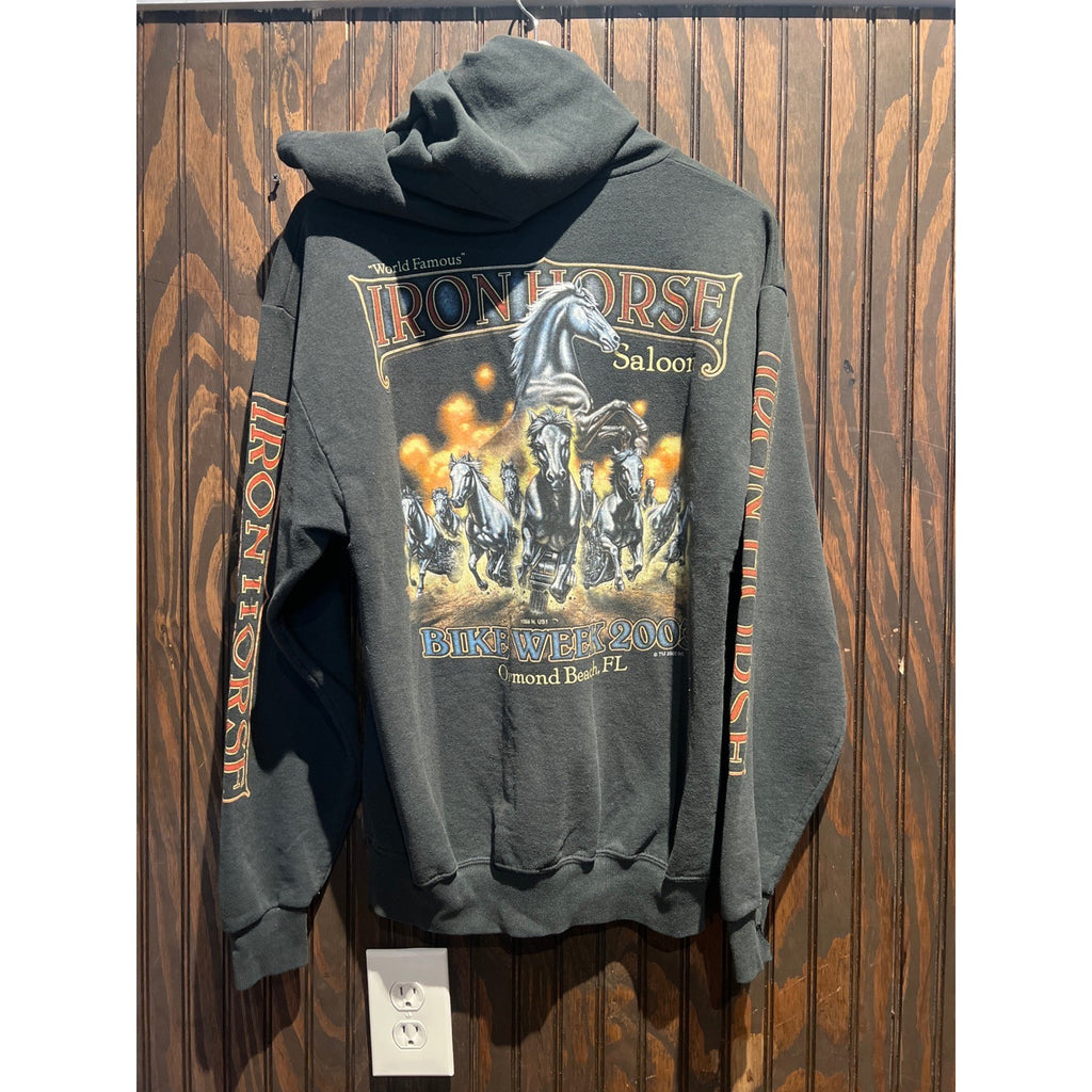 Vintage Iron Horse Saloon Bike Week 2005 Full Zip Hoodie Faded Black Mens L
