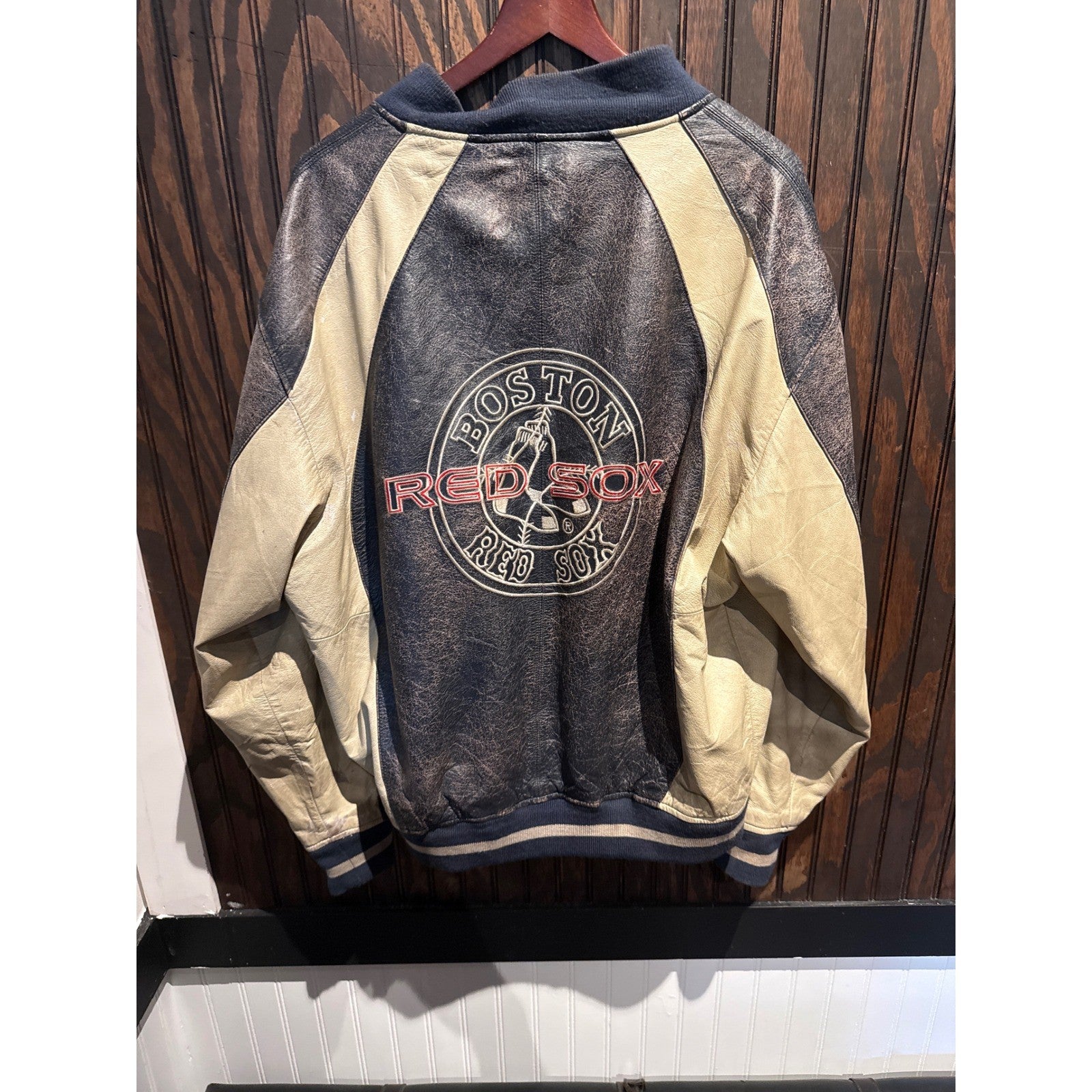 Mirage MLB Boston Red Sox Vintage Distressed Leather Varsity Jacket Navy XL
