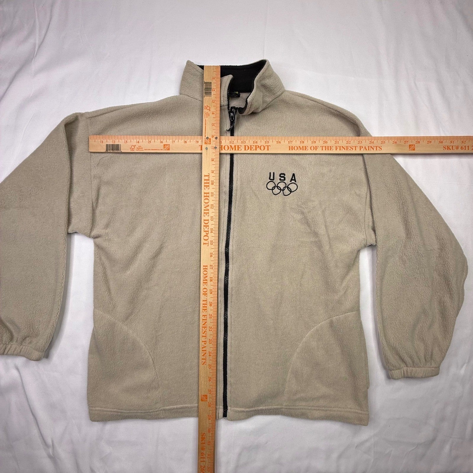 USA Olympic Fleece Jacket Mens Full Zip Beige Black Collar