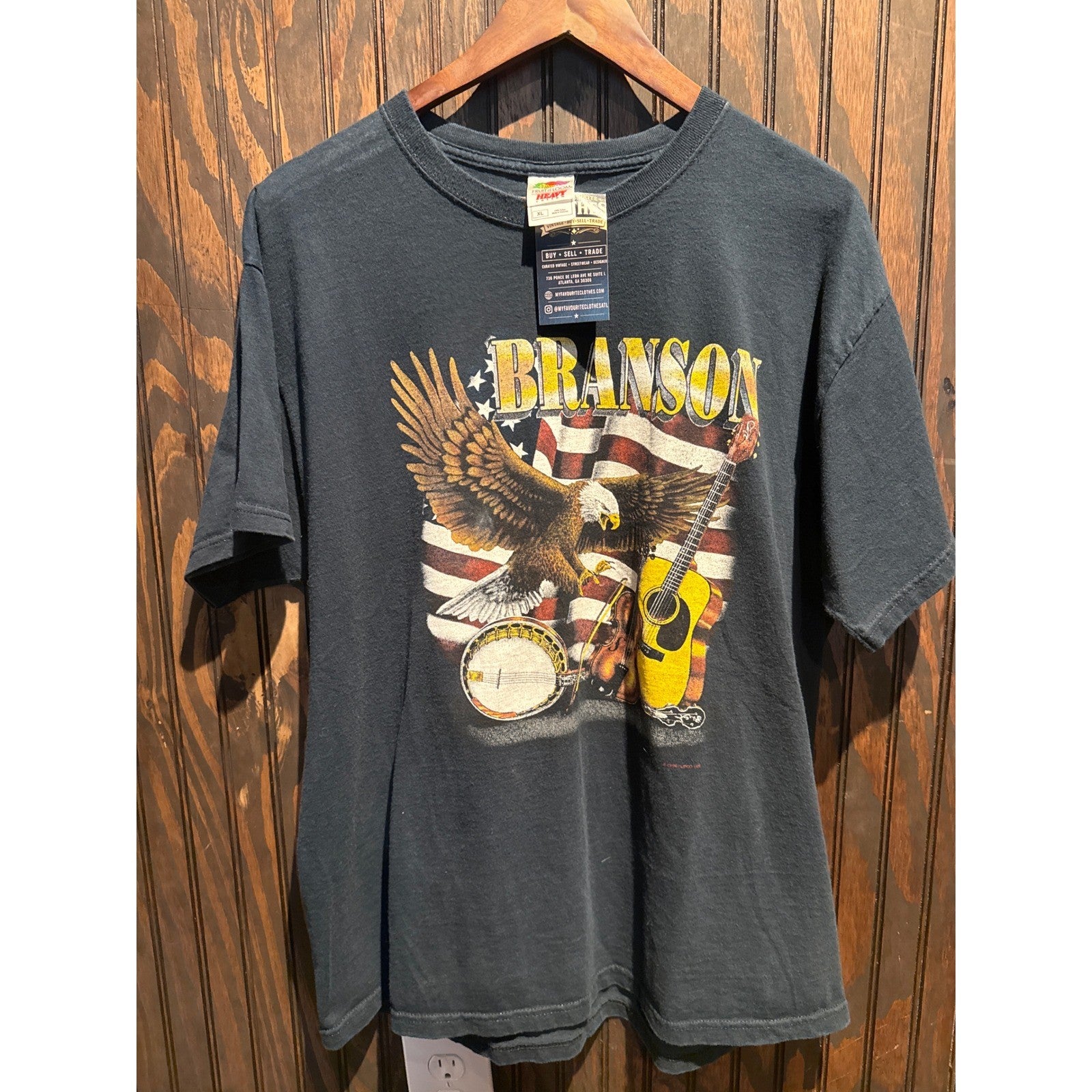 Vintage Branson Missouri Music Eagle Flag T-Shirt Fruit of the Loom Black XL