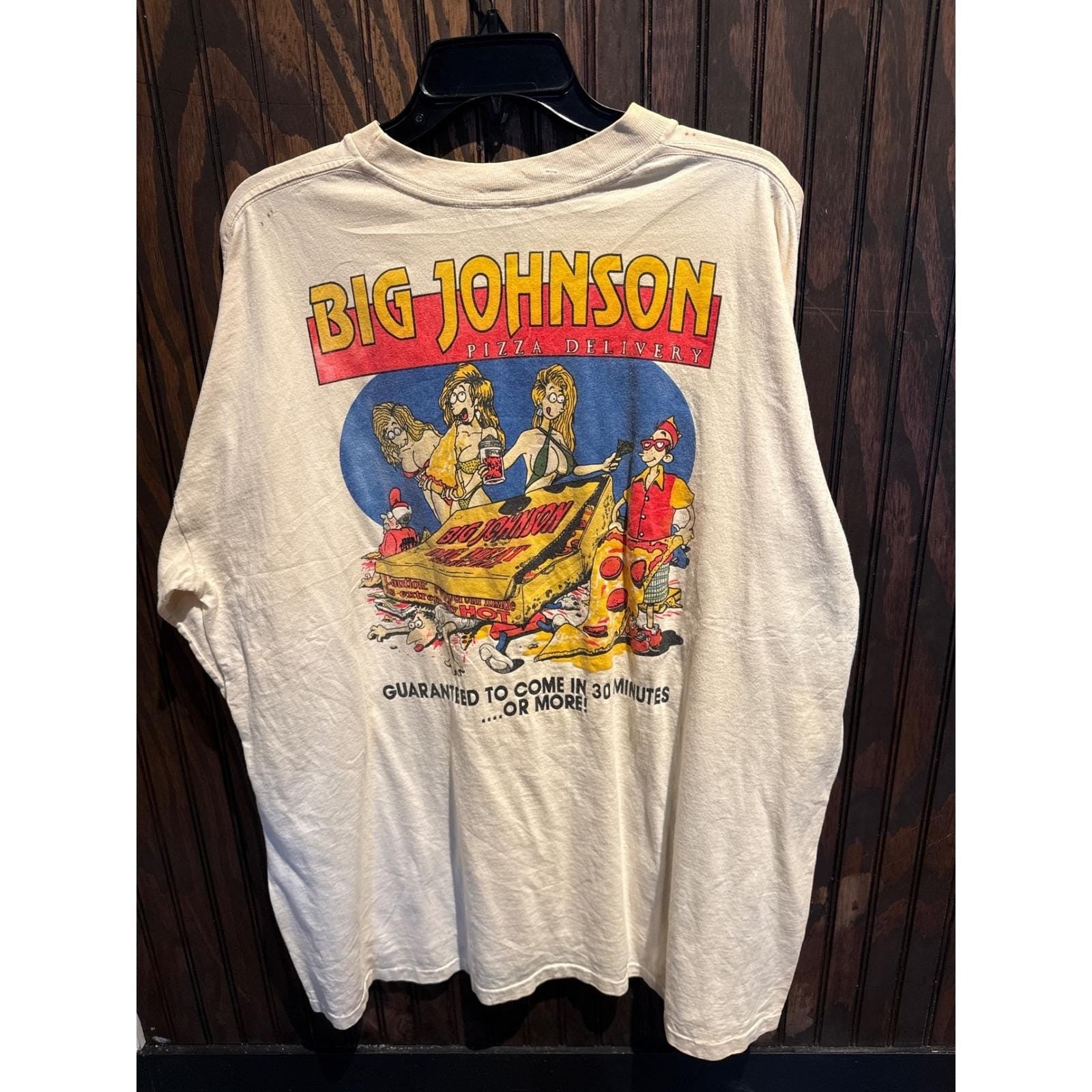 Vintage Big Johnson Pizza Delivery Cancun Mexico Graphic T-Shirt Cream XL 90s