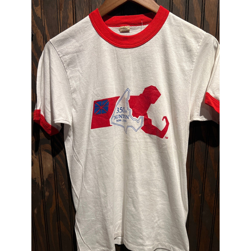Vintage 1989 Taunton Massachusetts 350th Anniversary Ringer Tee White Red 19x26