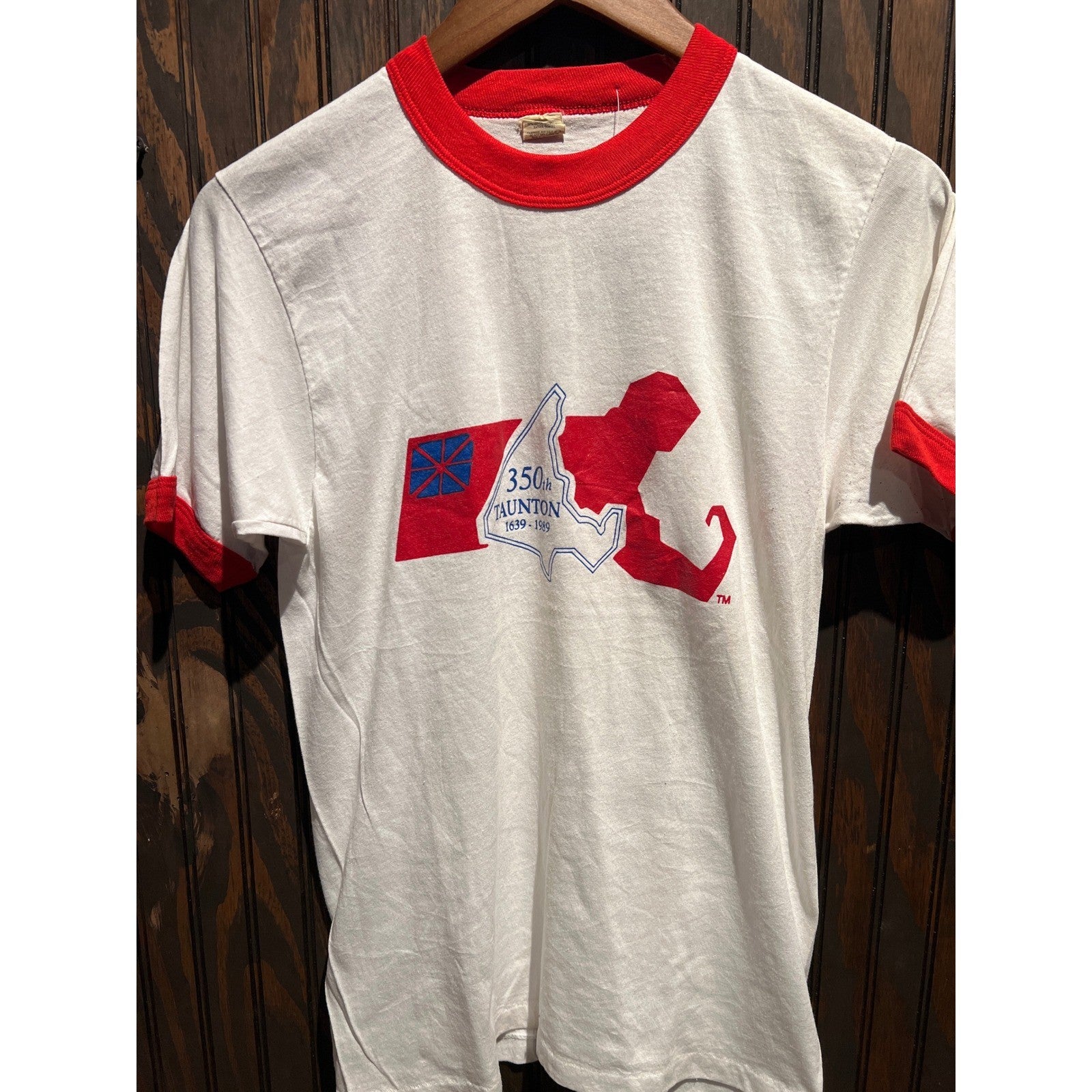 Vintage 1989 Taunton Massachusetts 350th Anniversary Ringer Tee White Red 19x26
