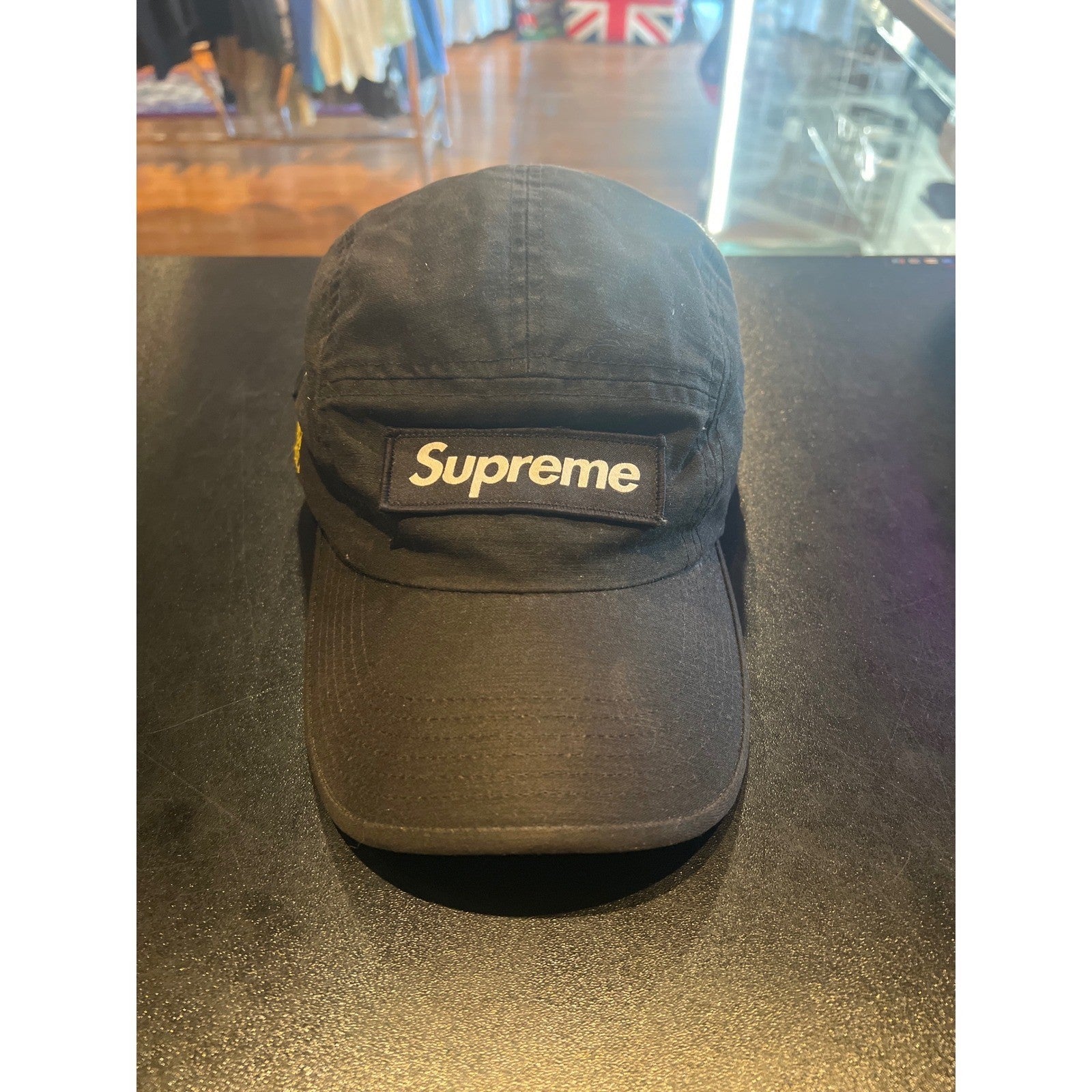 Supreme Black 5-Panel Camp Cap Box Logo Strapback Hat Yellow Side Embroidery