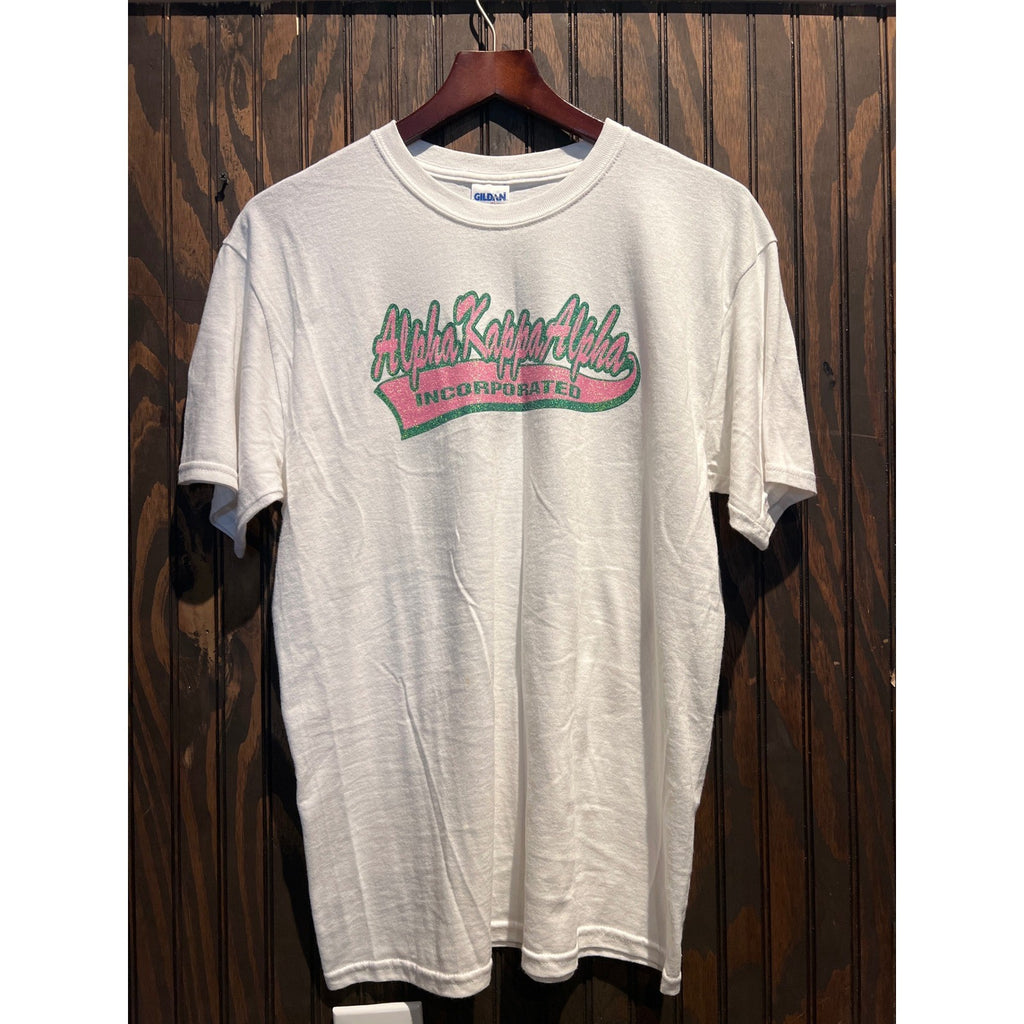 Gildan Alpha Kappa Alpha Sorority T-Shirt White Pink Green Glitter Graphic L