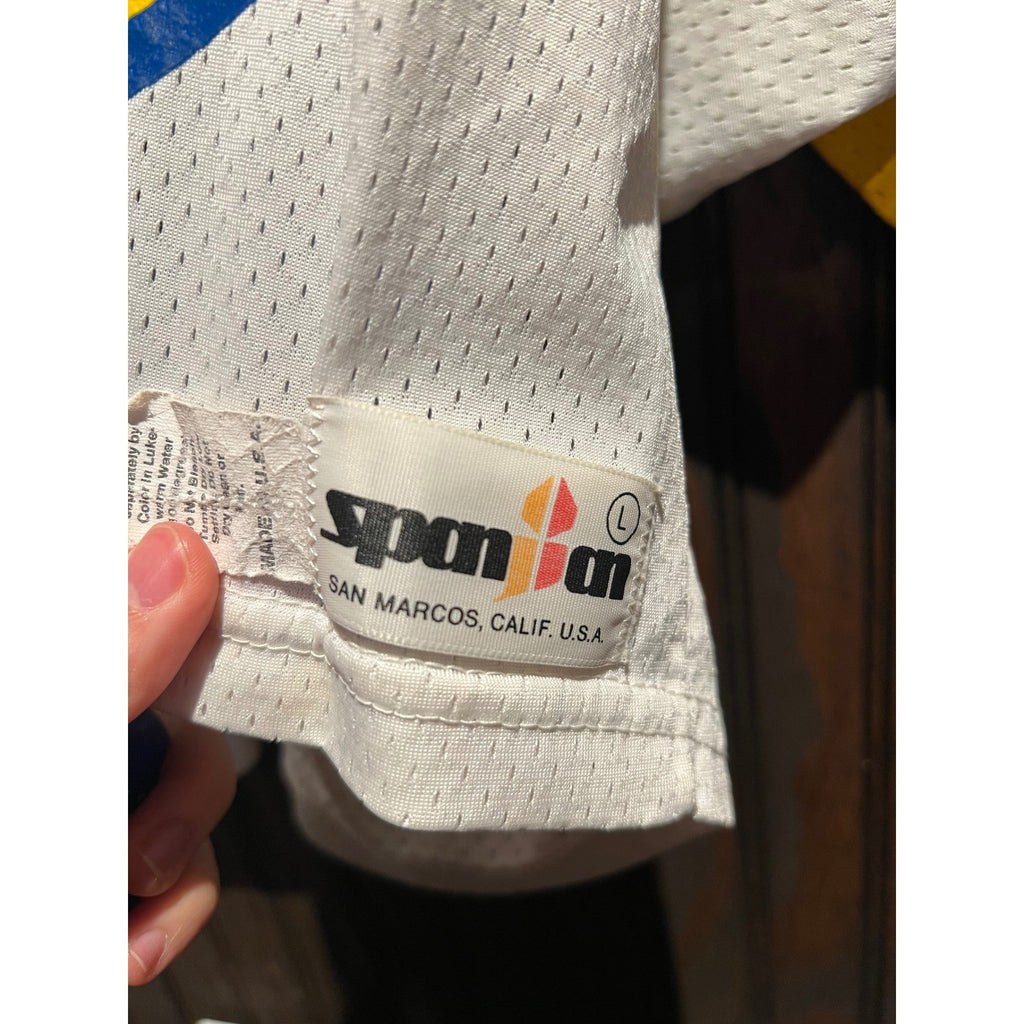 Vintage Spanjian Mesh Football Jersey 76 White Yellow Blue USA Made Mens L
