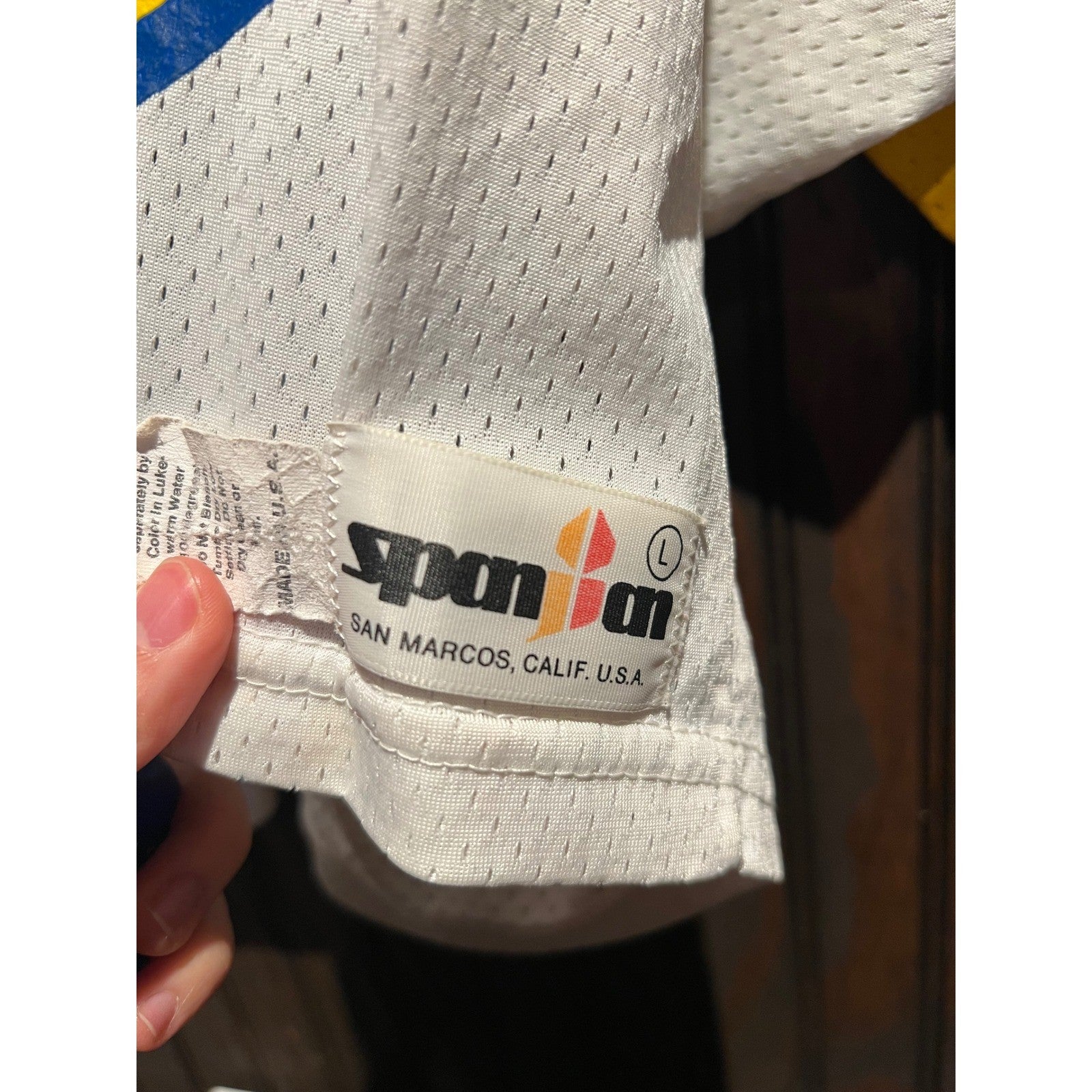 Vintage Spanjian Mesh Football Jersey 76 White Yellow Blue USA Made Mens L