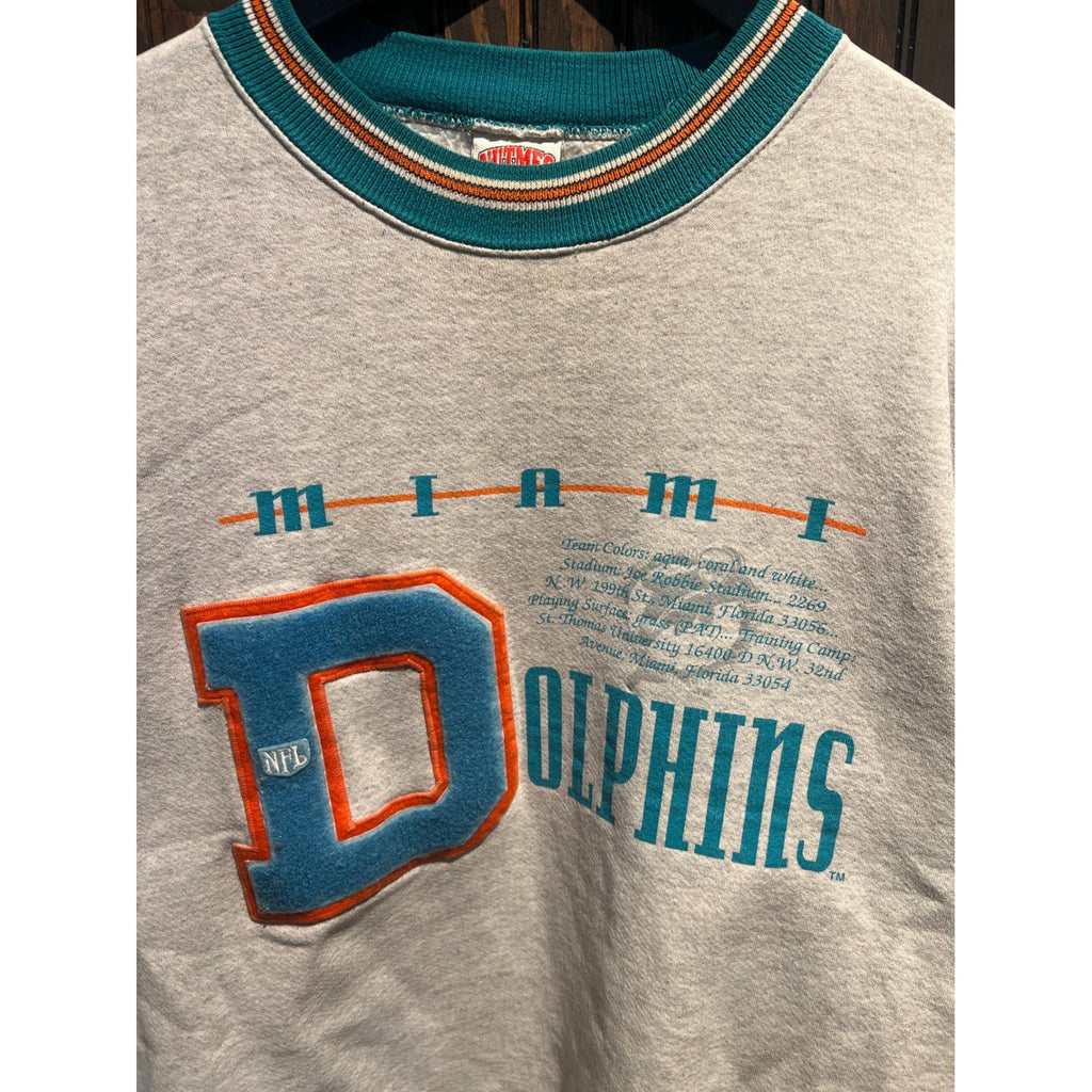 Vintage Miami Dolphins NFL Sweatshirt Gray Chenille Patch Pullover Mens XL 30x27