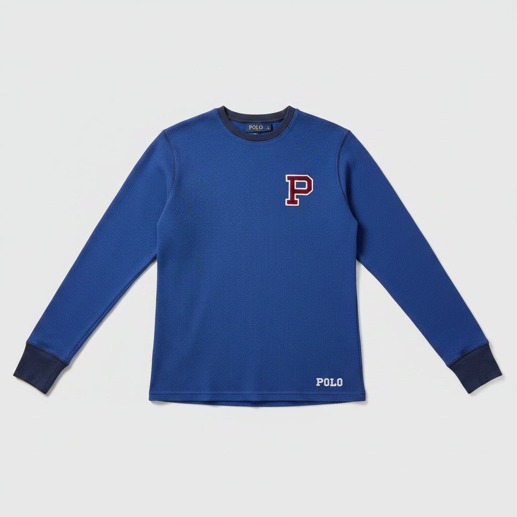 Polo Ralph Lauren Mens Blue Waffle Knit Long Sleeve Sleep Shirt Varsity P Small