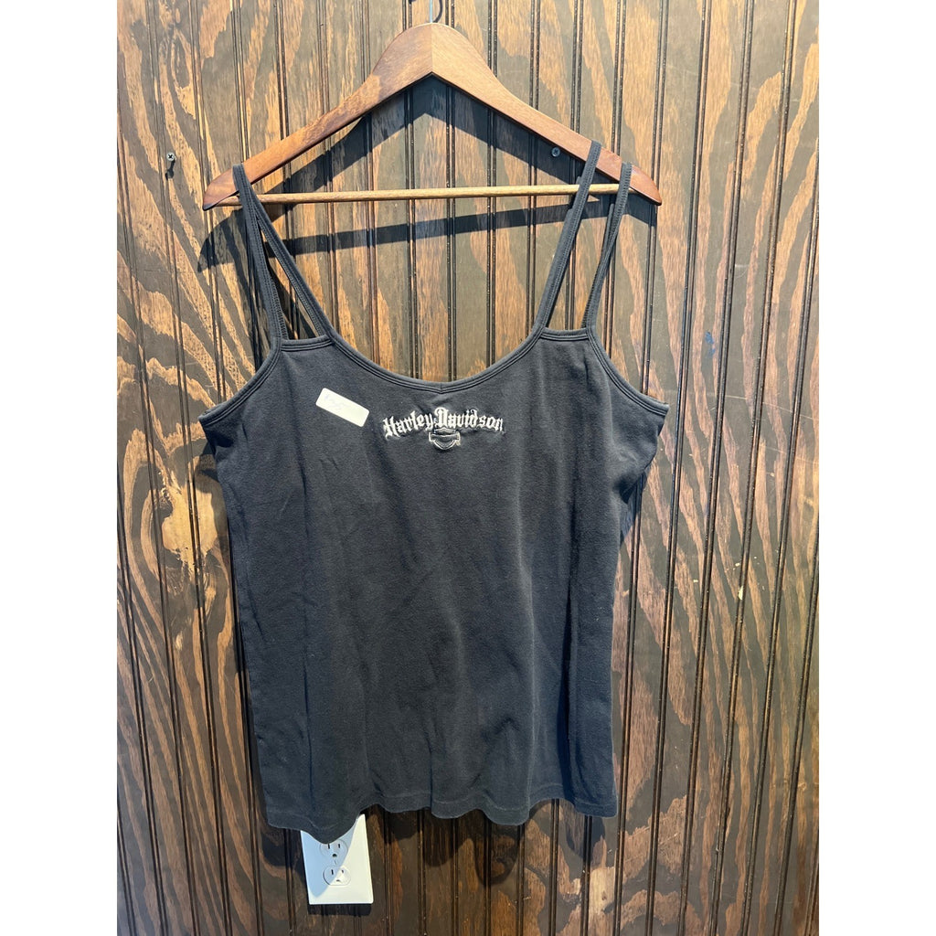 Harley Davidson Black Cami Tank Top Double Strap Gothic Logo Embroidered 22x28