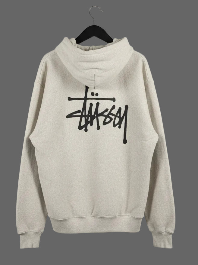 Stussy Basic Hoodie Ash Heather Grey XL Big Logo Pullover Sweatshirt Mens