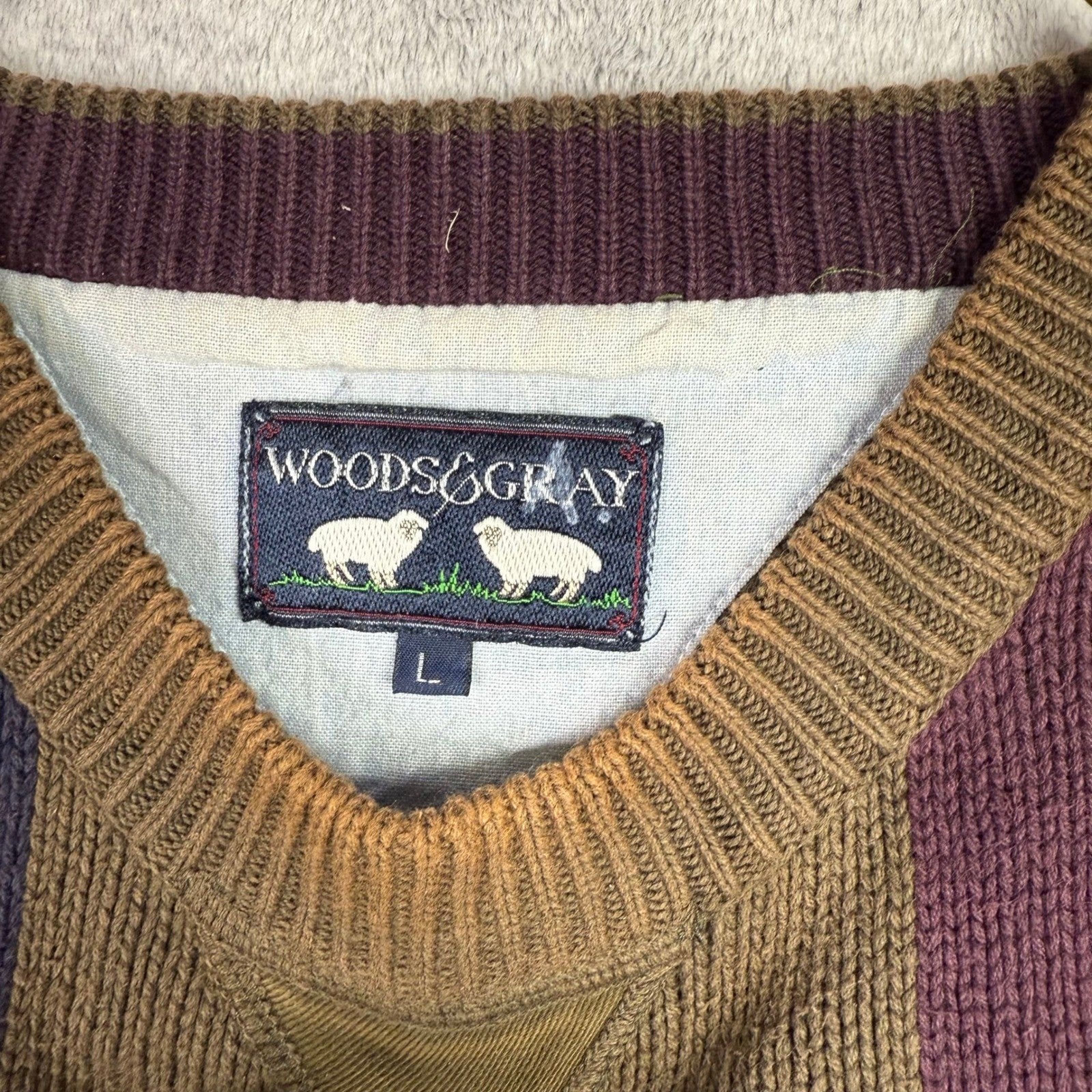 WOODS GRAY Mens Colorblock Striped Crewneck Sweater Size L 100 Percent Cotton