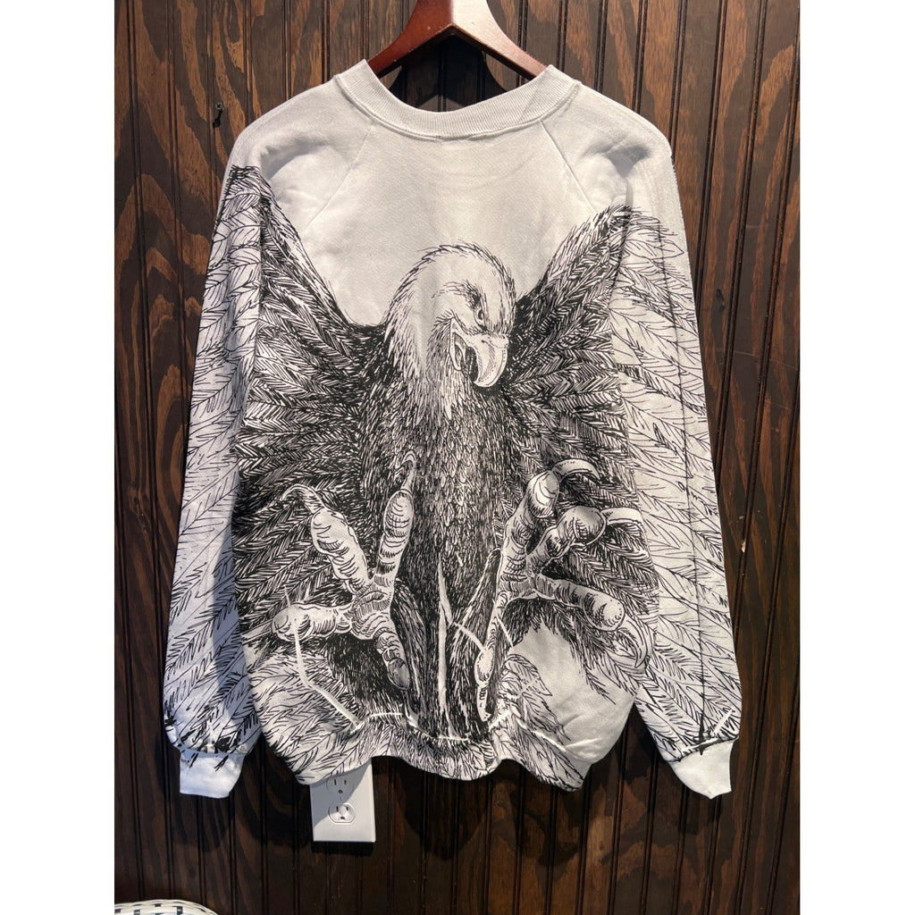 Vintage Style Bald Eagle All Over Print Graphic Sweatshirt White Raglan 22x19