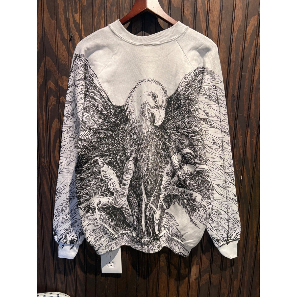Vintage Style Bald Eagle All Over Print Graphic Sweatshirt White Raglan 22x19
