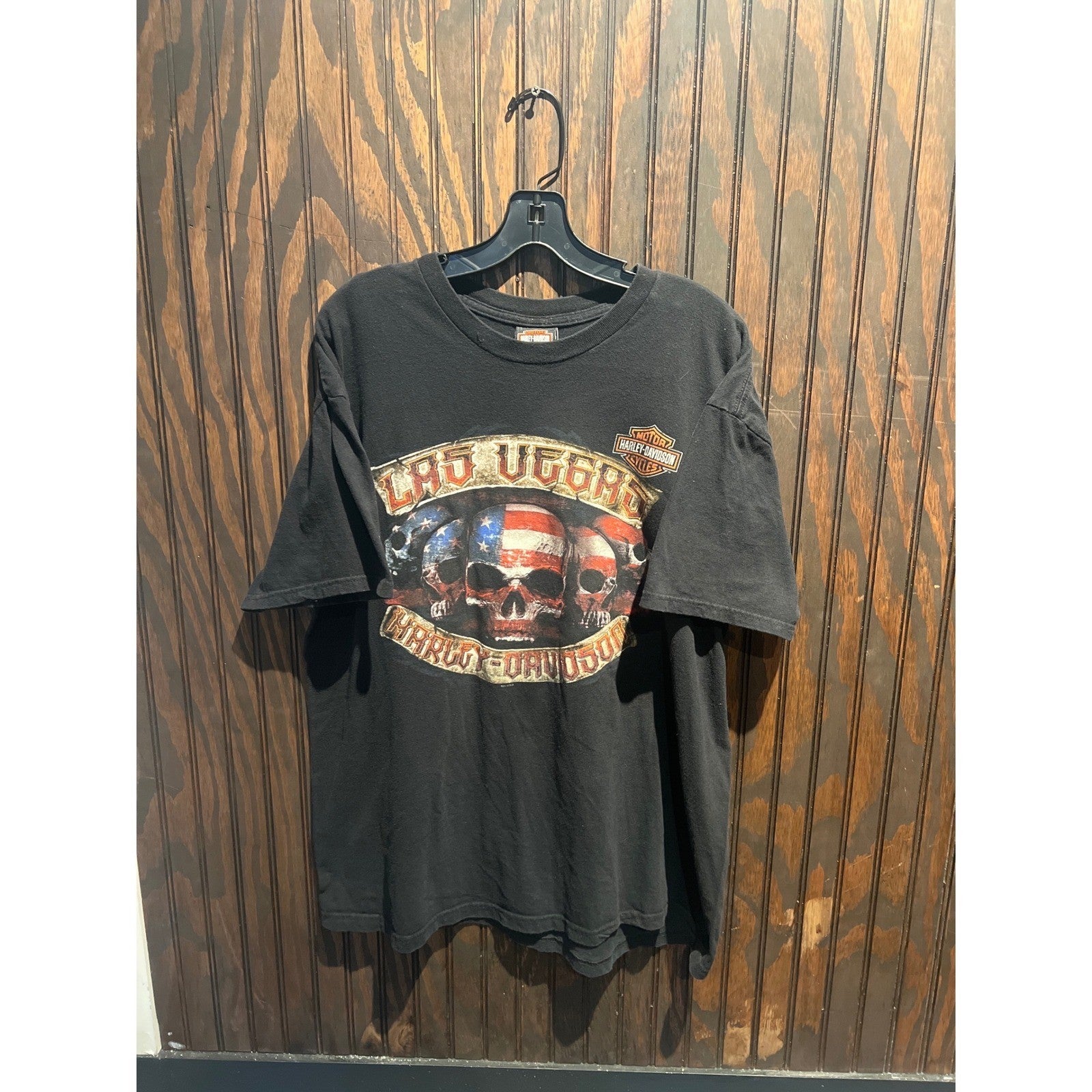Harley Davidson Las Vegas Skulls T-Shirt Mens Large Black American Flag Graphic