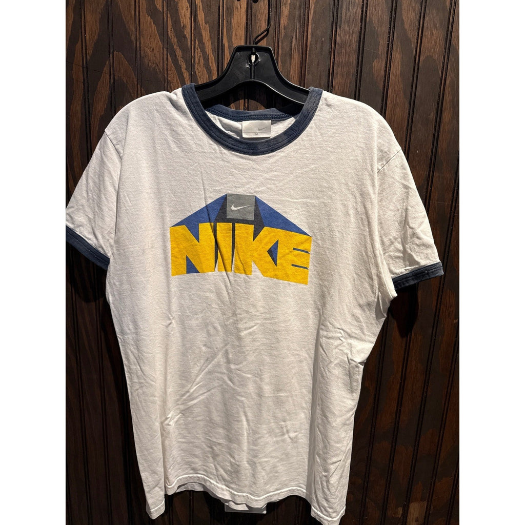 Nike Mens Ringer T-Shirt White Navy Blue Yellow 3D Block Logo Graphic Tee Size M