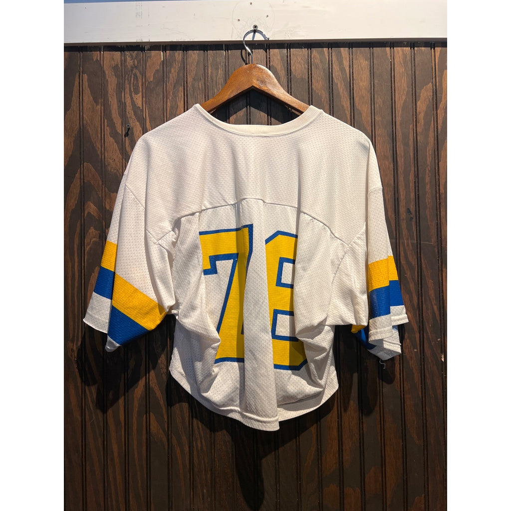 Vintage Spanjian Mesh Football Jersey 76 White Yellow Blue USA Made Mens L