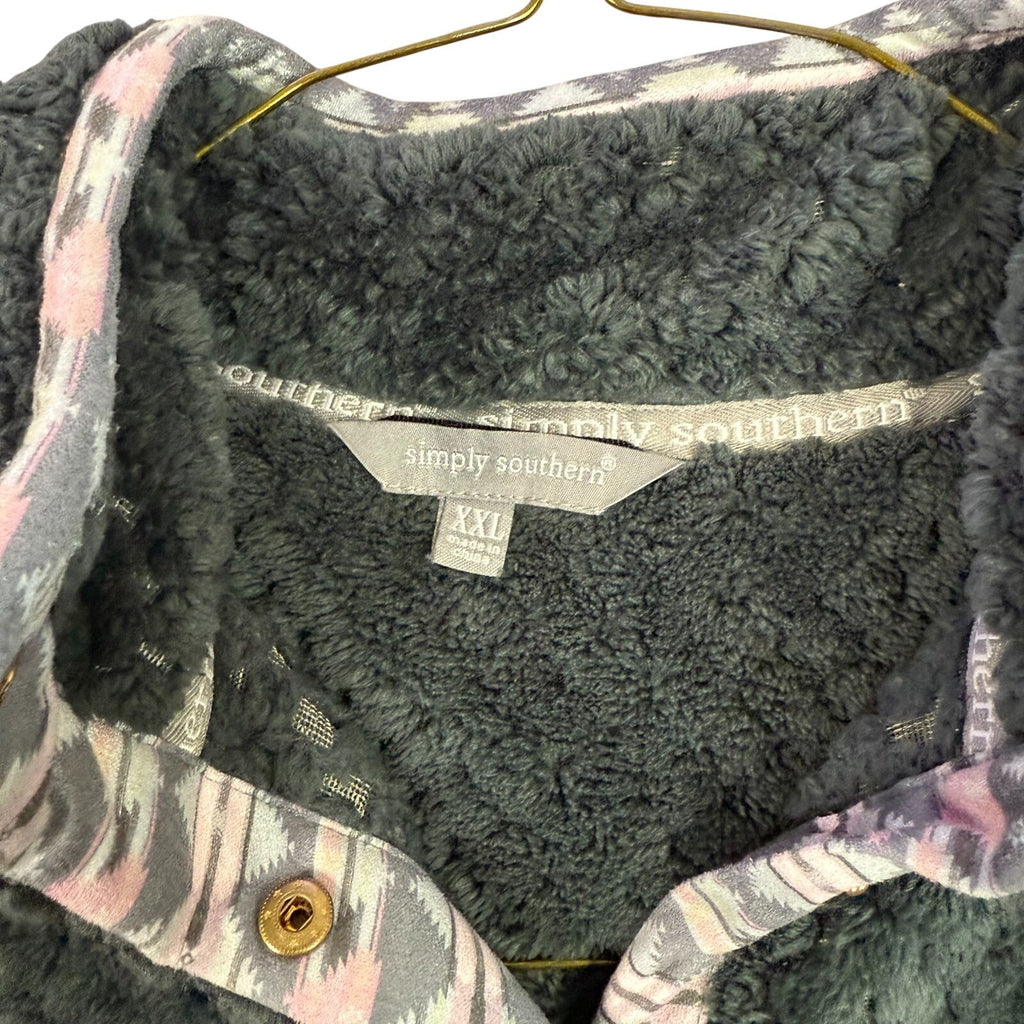 Simply Southern Fuzzy Sherpa Quarter Snap Pullover Women's XXL Gray Aztec Trim