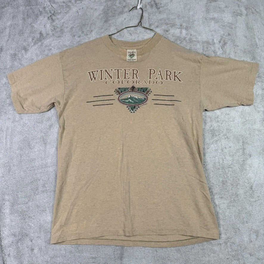 Prairie Mountain Winter Park Colorado Graphic T Shirt Tan Short Sleeve Mens L