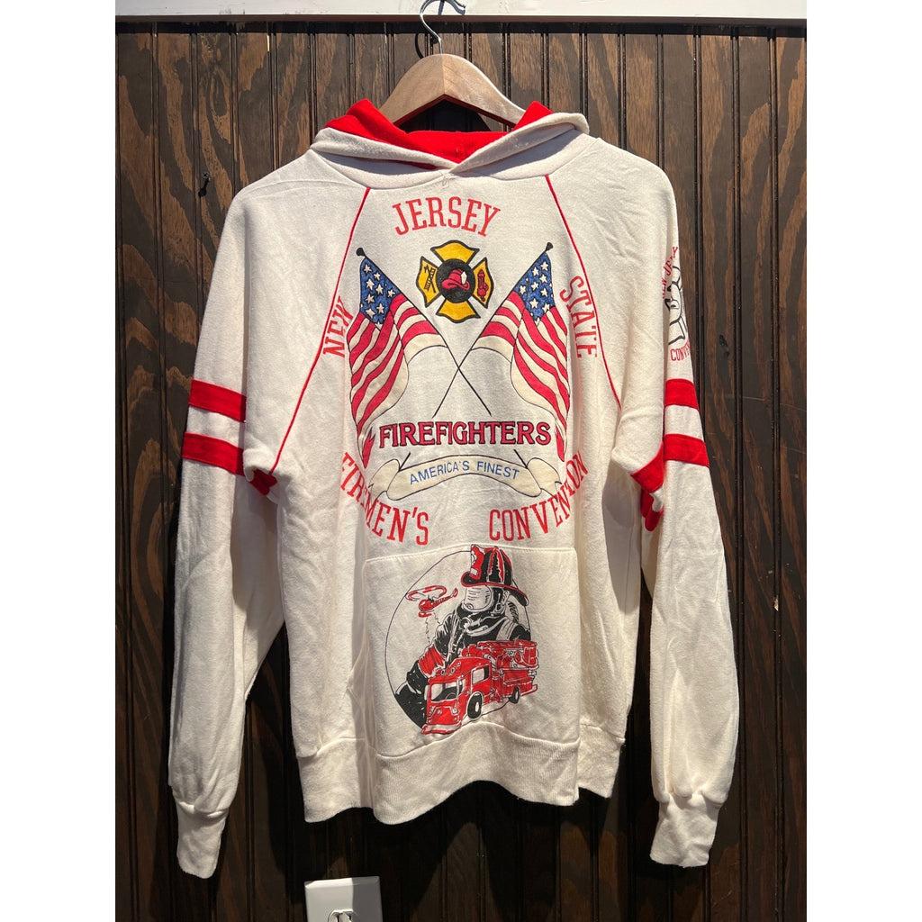 Vintage NJ State Firefighters Convention Hoodie White Red Raglan 22x26 SS Tag