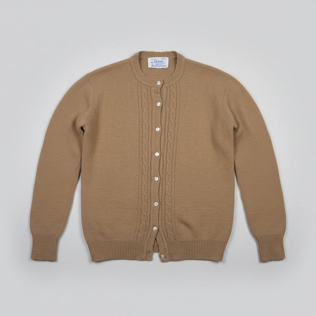 Vintage DEANS of Scotland Cable Knit Cardigan Pure Wool Tan Button Up Size 38