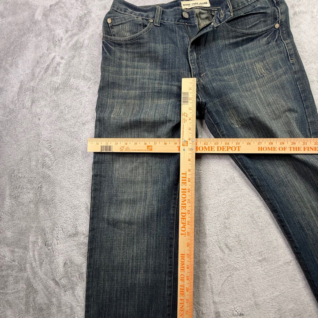 BASIC CODE JEANS Mens W34 L30 Blue Denim Straight Leg Distressed Style Jeans