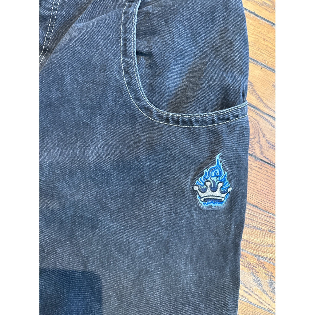JNCO Jeans Vintage 90s Wide Leg Baggy Faded Black Denim 36x32 Embroidered Crown
