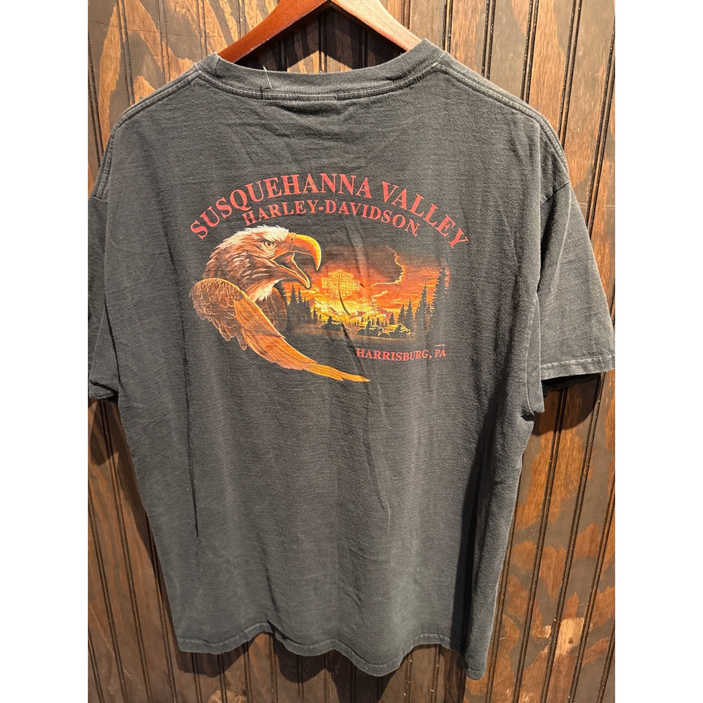 Harley Davidson Winged Skull Flame Graphic T-Shirt Mens Faded Black XL 23.5x29.5