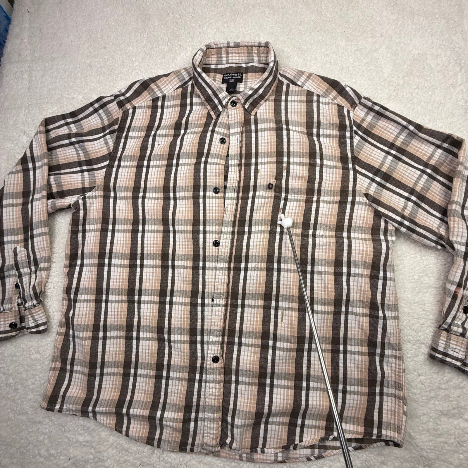 Polo Jeans Co Ralph Lauren Plaid Flannel Shirt Mens XL Brown Tan Button Down
