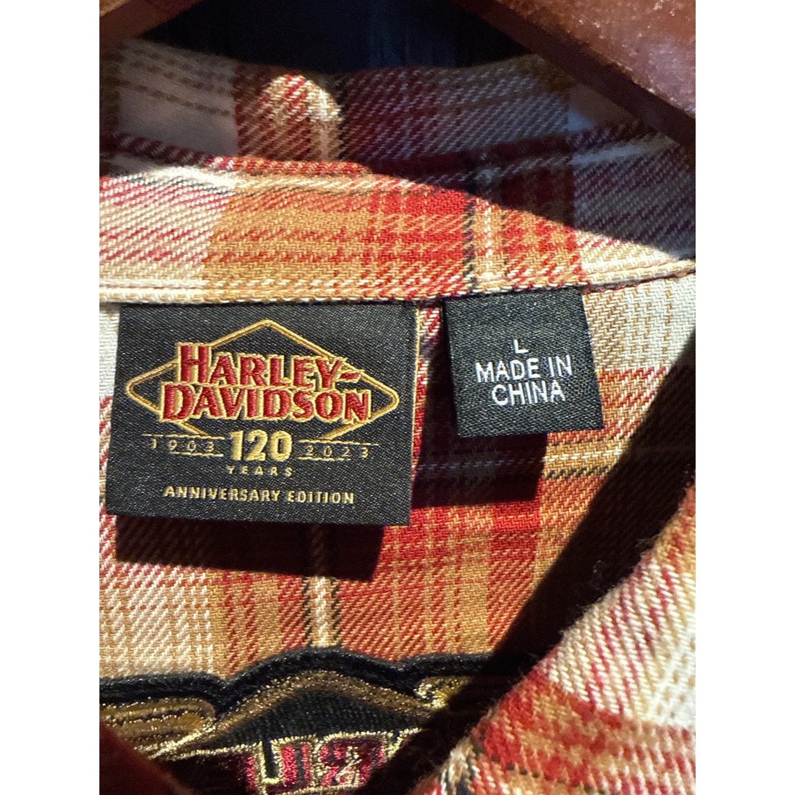 Harley-Davidson 120th Anniversary Flannel Shirt Orange Plaid Button Up Mens L