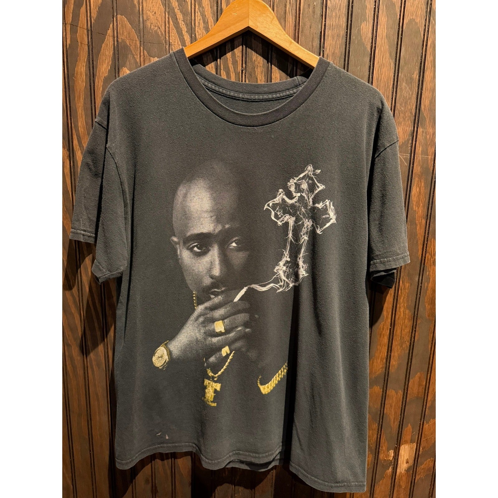 Tupac Shakur Graphic Tee Mens XL Faded Black Gold Foil Smoke Cross Rap T-Shirt