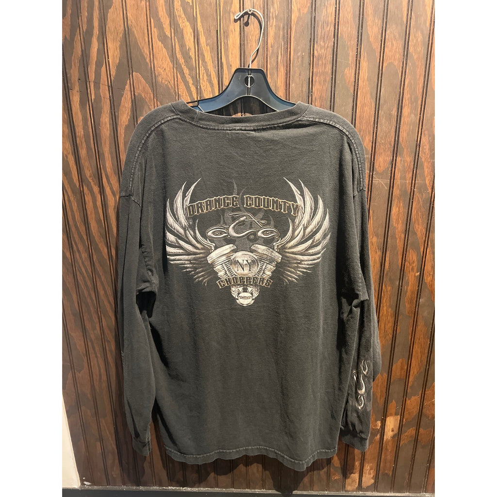 Vintage Faded Black Long Sleeve Shirt Embroidered Winged Flame Graphic 29x22
