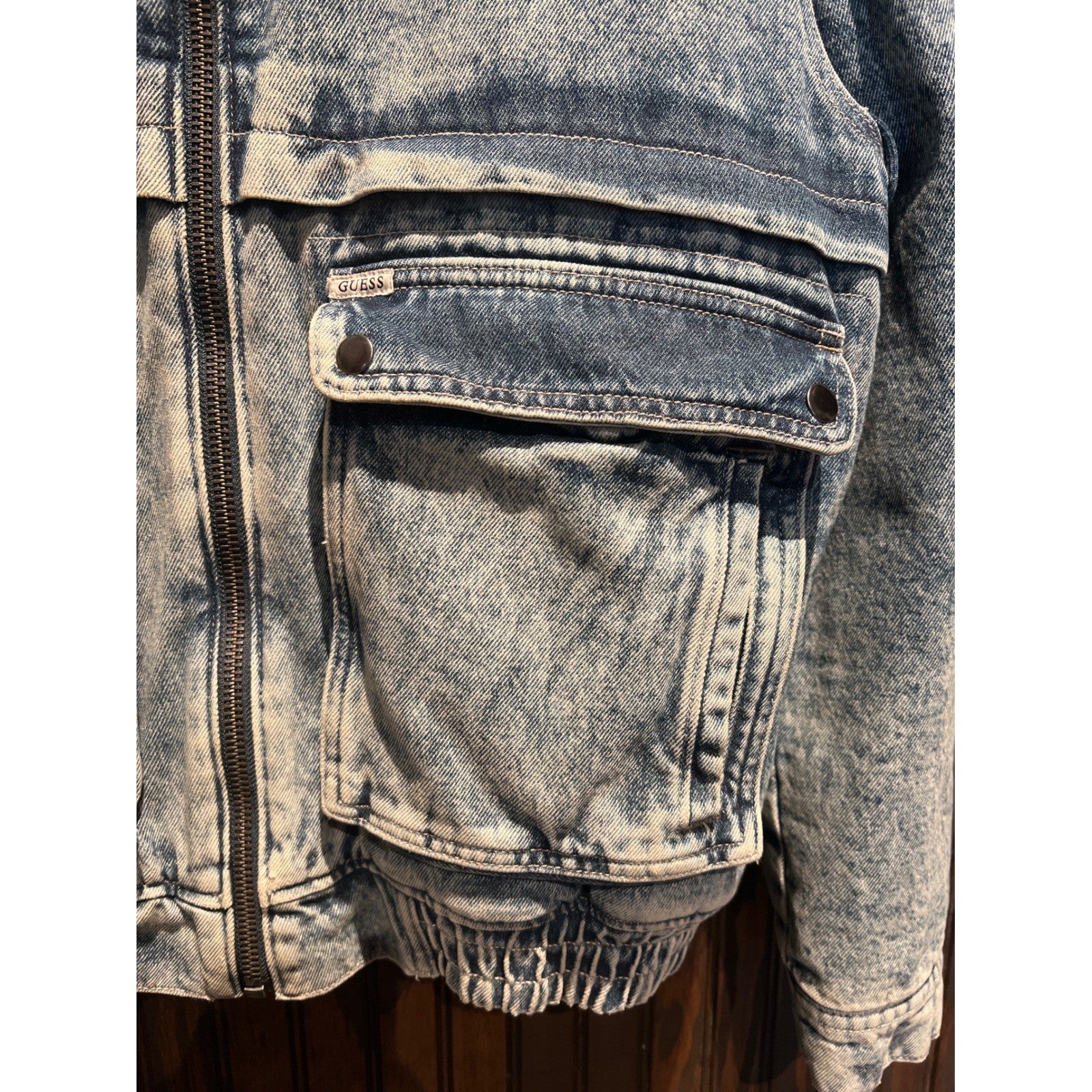 Guess Mens Acid Wash Denim Bomber Jacket Faux Shearling Lined Blue L Y85MFSXWQ00
