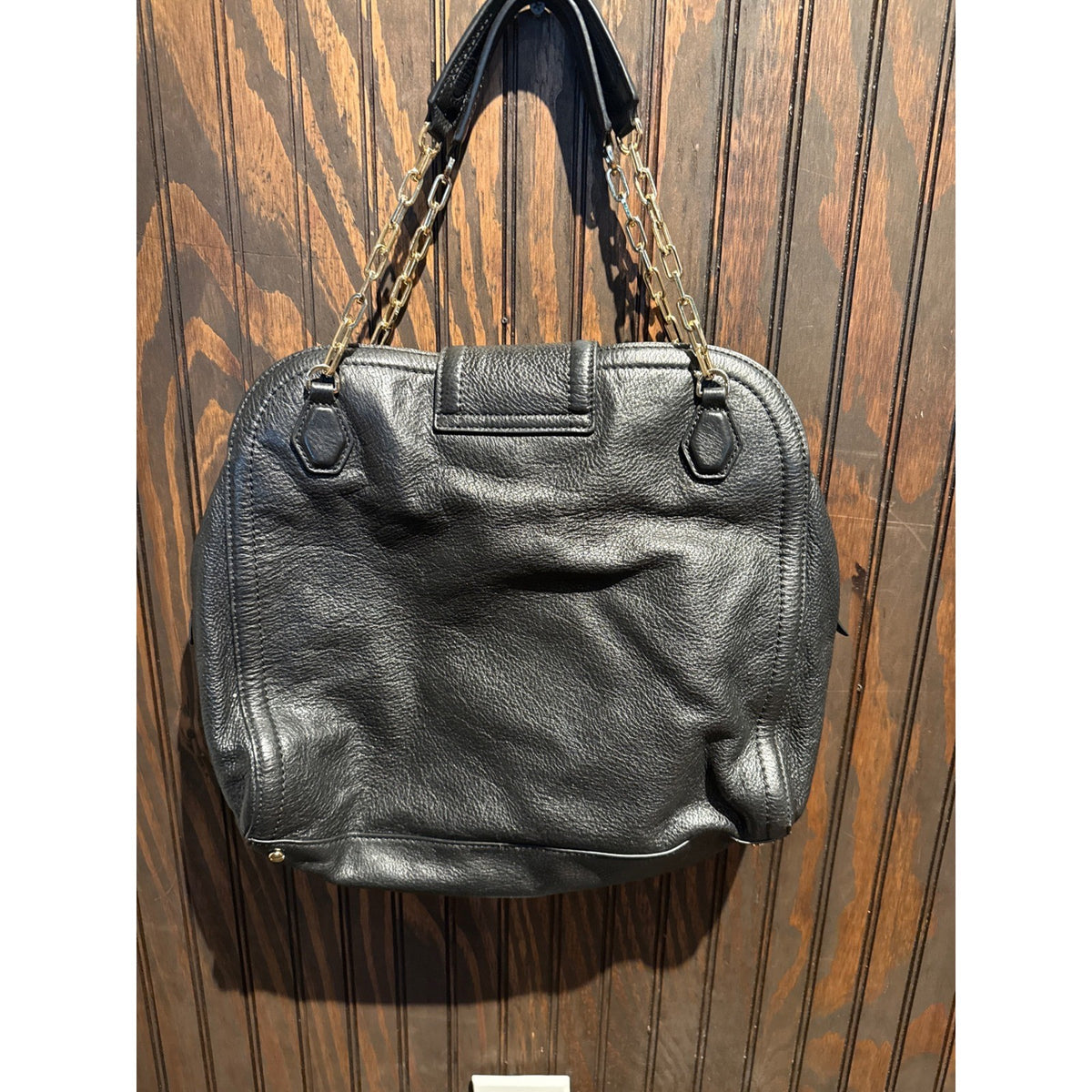 Tory Burch Black Pebbled Leather Satchel Gold Chain Shoulder Bag Logo Clasp