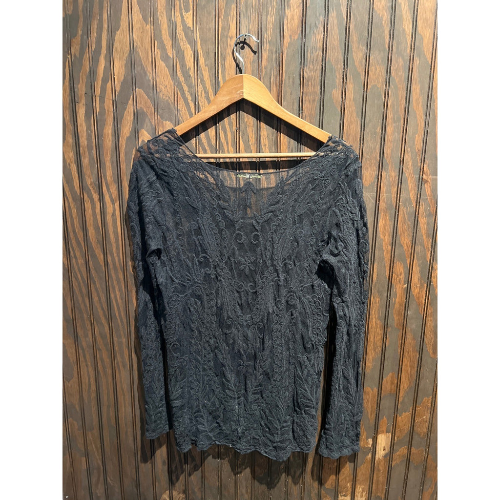 Black Floral Lace Mesh Long Sleeve Scoop Neck Sheer Embroidered Top 26x18