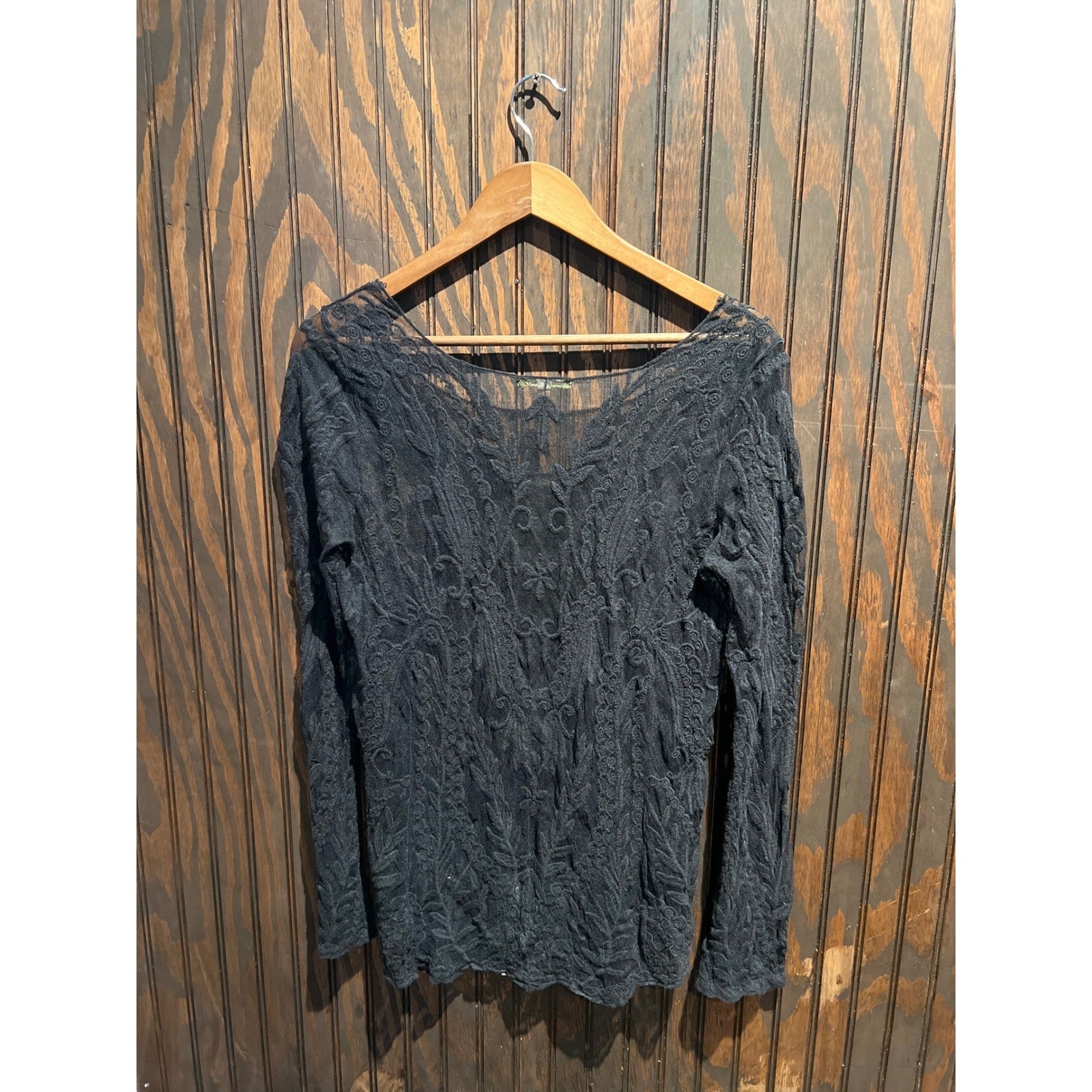Black Floral Lace Mesh Long Sleeve Scoop Neck Sheer Embroidered Top 26x18