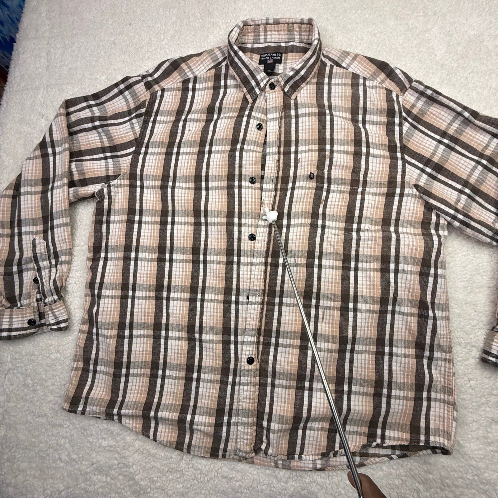 Polo Jeans Co Ralph Lauren Plaid Flannel Shirt Mens XL Brown Tan Button Down