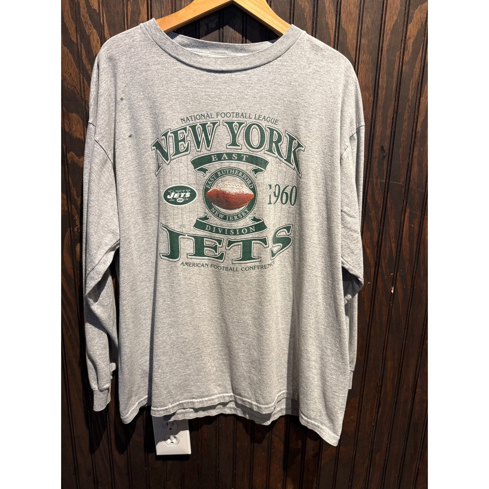 NFL New York Jets Long Sleeve Graphic T-Shirt Gray Mens XL 25x31 Vintage Style