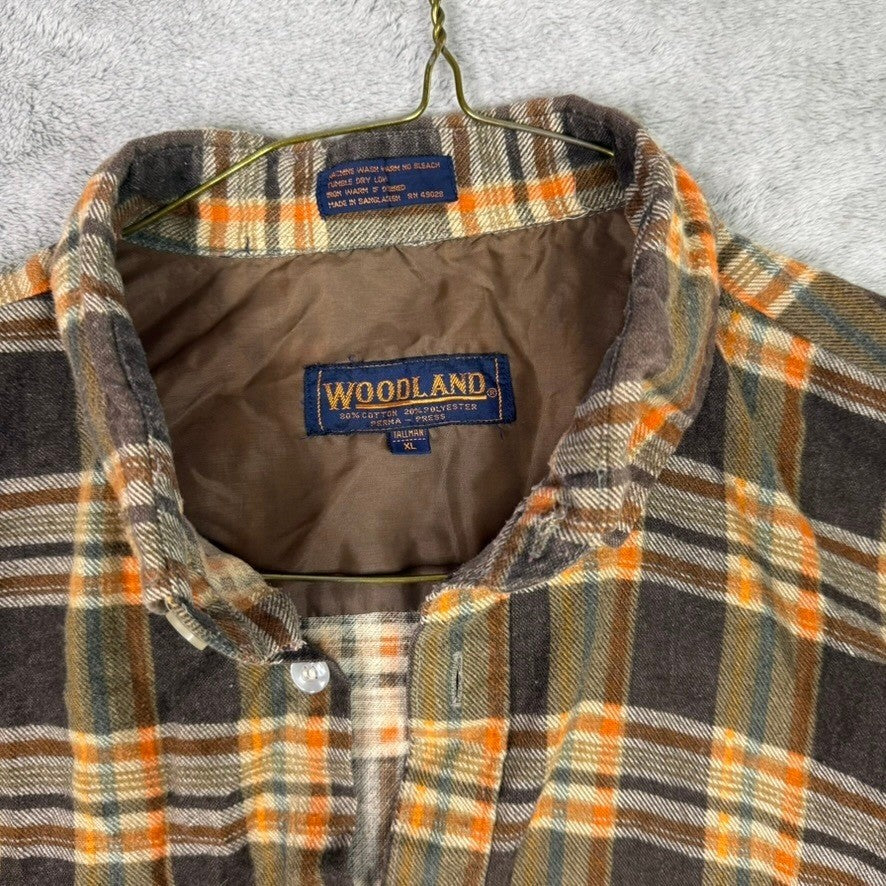 WOODLAND Plaid Flannel Lined Shirt Jacket Mens XL Brown Orange Green Long Sleeve