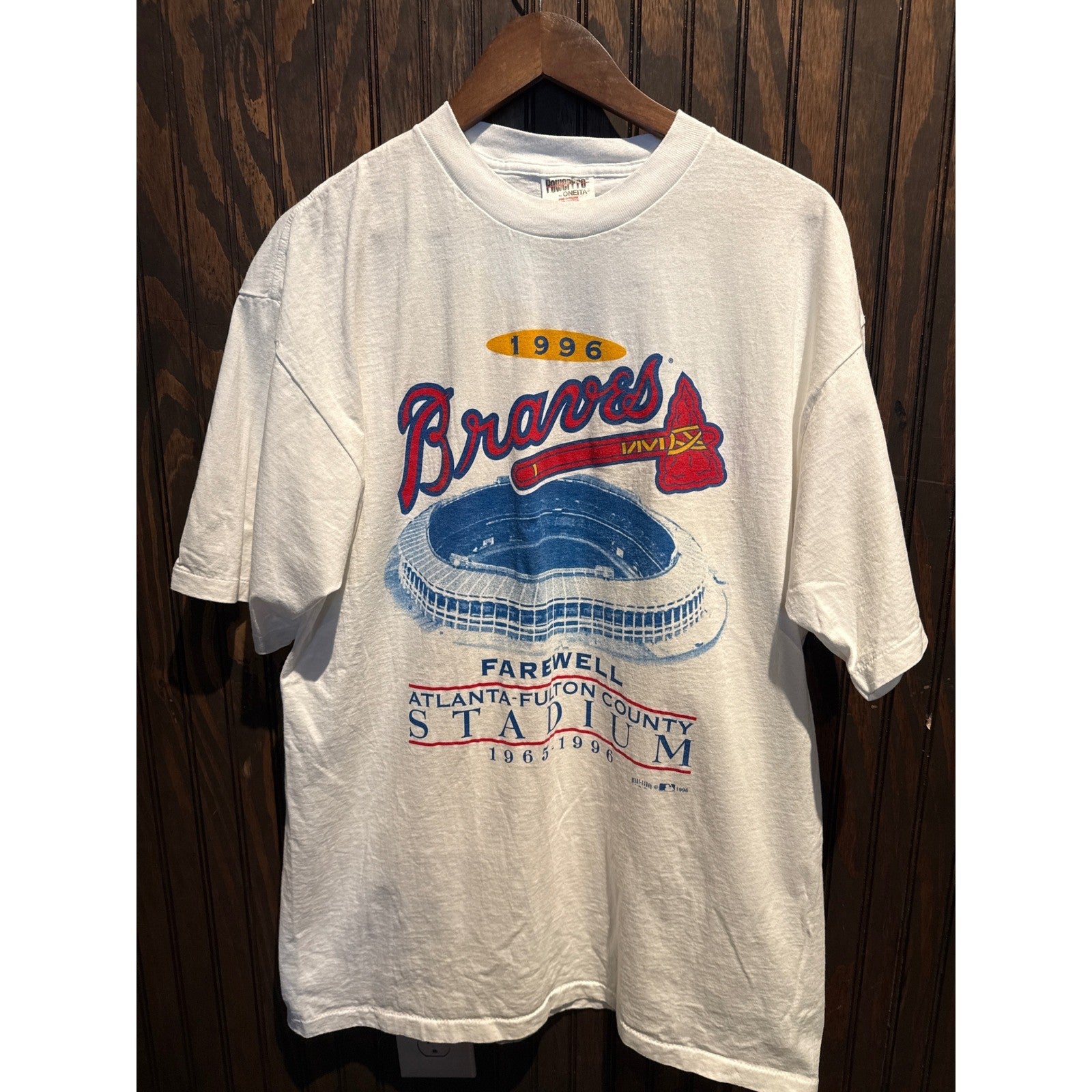 Vintage 1996 Atlanta Braves Farewell Stadium T-Shirt White PowerPro Oneita XL