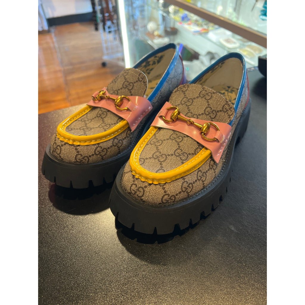 Gucci GG Supreme Horsebit Loafers Multi Color Patent Leather Lug Sole Monogram