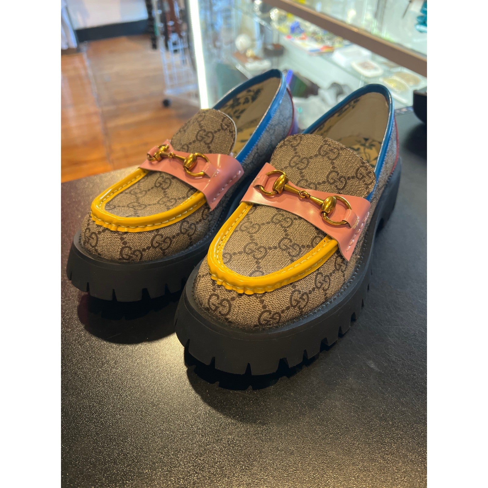 Gucci GG Supreme Horsebit Loafers Multi Color Patent Leather Lug Sole Monogram