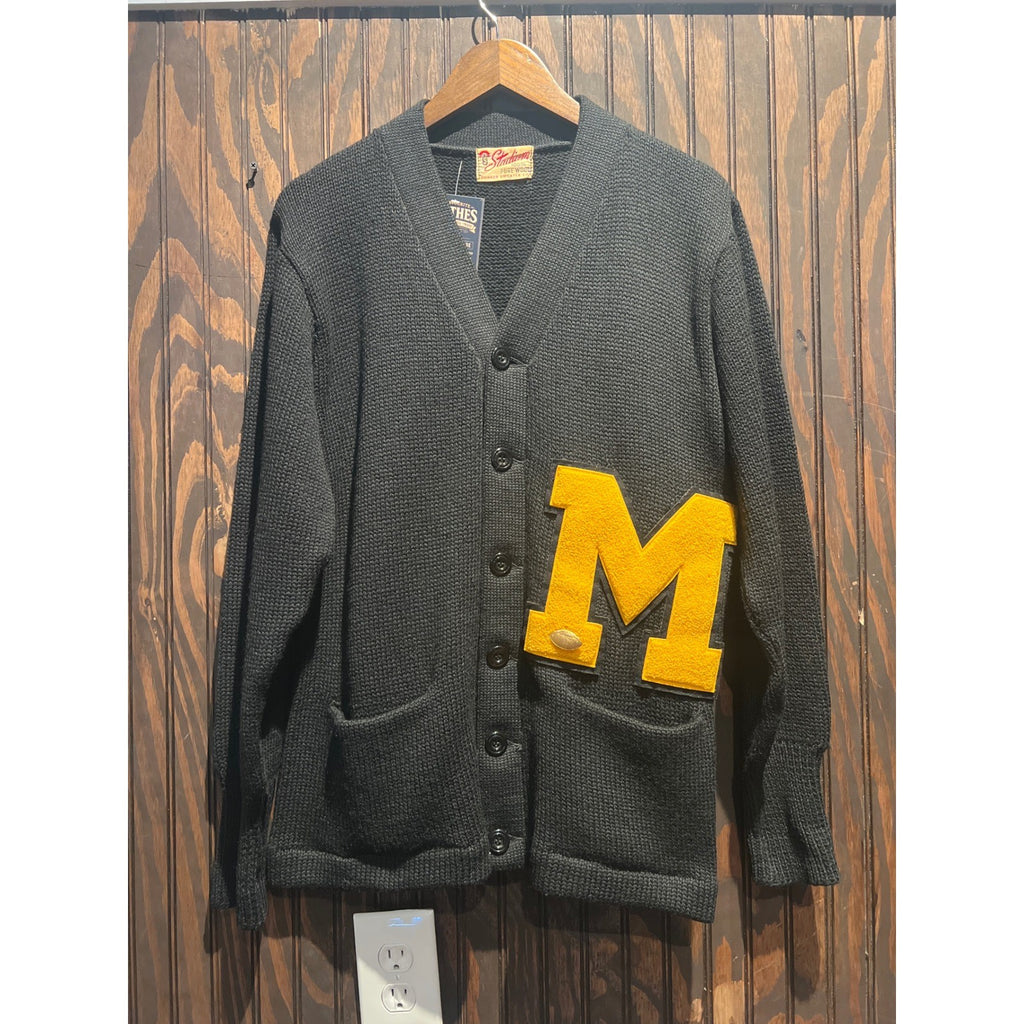 Vintage Stadium Brentwood Wool Varsity Cardigan Black Yellow Letterman Sweater M
