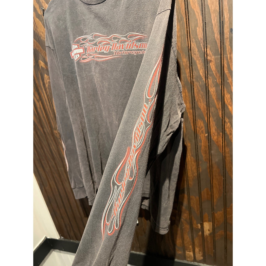Harley Davidson Vintage Faded Black Flame Graphic Long Sleeve Tee Shirt XL 24x30